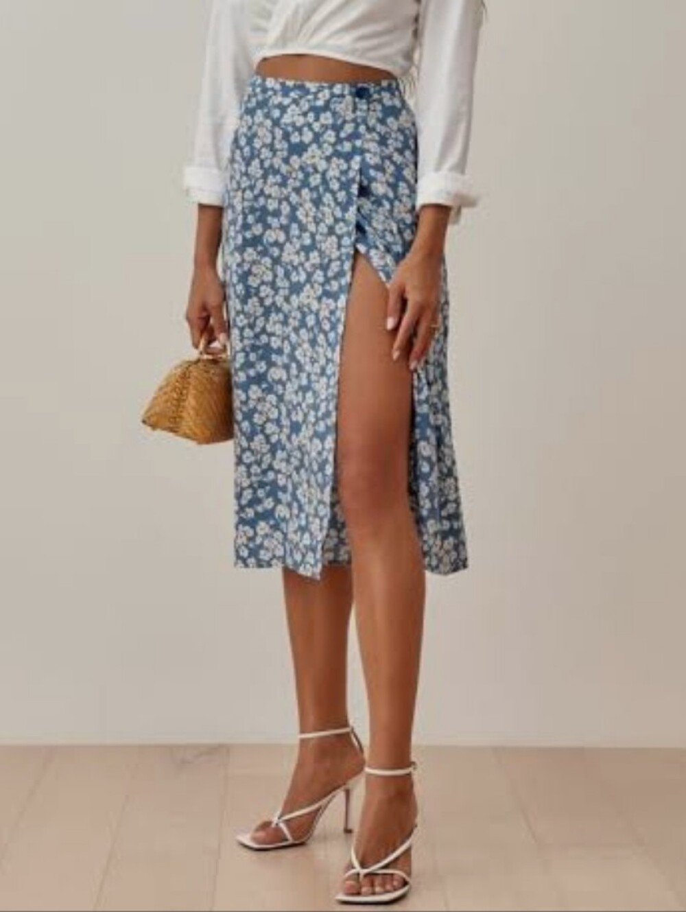 Reformation Betty Daniella Blue Floral Wrap Midi Skirt